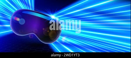 vr fast linesVirtual reality headset on light rays background. VR banner with blue motion speed lines. 3D vector illustration. Stock Vector