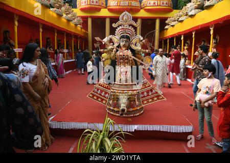 Goddess Durga. Durga is a major goddess in Hinduism, revered for her fierce and protective nature. She is often depicted as a warrior goddess riding a Stock Photo