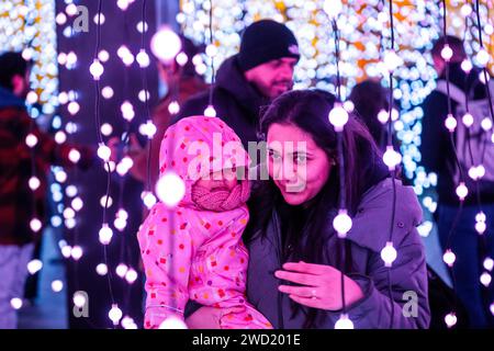 London, UK. 17th Jan, 2024. Submergence by Squidsoup (UK), in Montgomery Square - Canary Wharf's annual Winter Lights festival returns for 10 days from 17th January following record footfall last year. The immersive exhibition includes 19 light installations. Credit: Guy Bell/Alamy Live News Stock Photo