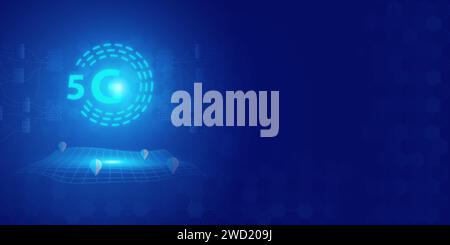 Futuristic blue 5G text and abstract technology background. Artificial intelligence digital transformation and Business quantum internet network commu Stock Photo