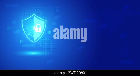 Futuristic blue shield ethics and Security abstract technology background. Artificial intelligence digital transformation and Business quantum interne Stock Photo