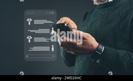 Adult male navigates a futuristic AI chatbot user interface, highlighting seamless digital interaction. Stock Photo