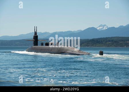 The Ohio-class ballistic missile submarine USS Nebraska transits the Hood Canal. Stock Photo