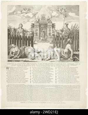 Zinnsprent on the Peace of Aachen, 1748, C. van Beughem, 1748 print Allegory on the Peace of Aachen closed on October 18, 1748 between the Allies (Republic, England and Austria) on the one hand and France, Prussia and Spain on the other. At the gate of the Dutch garden the personifications of peace and the bravery are standing in front of the temple of the peace, the state administration with the Netherlands Lion. Outside the garden are the reports of vices such as self -tan, envy and ignorance. On the leaf under the plate a verse and the legend 1-38 in a statement in three columns. print make Stock Photo
