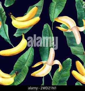 Watercolor seamless pattern with banana tree leaves and fruit banana. Hand drawn illustration. For fabric textile. Stock Photo