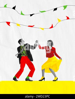 Promotional material for dance classes focused on learning styles from the '50s and '60s. Artistic young man and woman in colorful clothes dancing Stock Photo