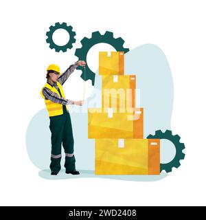 Contemporary art collage. Worker in hard hat and high-visibility vest measuring boxes. Concept of educational material for logistics training programs Stock Photo