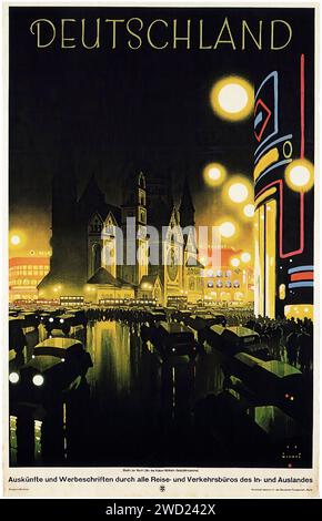 'DEUTSCHLAND' - A travel poster from the 1920s by Jupp Wiertz featuring the Cologne Cathedral at night, illuminated by streetlights and adorned with glowing signage. The style is dramatic, with a strong use of light and shadow to convey the bustling nightlife. Stock Photo