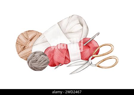 Grey and brown balls of wool, white and magenta skeins of yarn, knitting hook and scissors. Isolated watercolor illustration for knitting blogs, needl Stock Photo