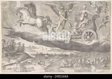 Day, Hieronymus Wierix, After Marten van Cleve (I), After Willem van Haecht (I), After Godefried van Haecht, 1563 - Before 1619 print Allegory on the day. Father Time drives above the clouds in a car, pulled through two horses. In the carriage a child with a mirror and a young woman who scatters seed, surrounded by birds. Downstairs on the land, farmers are working on their fields. In the margin a two -way caption in Latin, French and Dutch. Antwerp paper engraving day and night (+ variant). Father Time, man with wings and scythe. agriculture Stock Photo