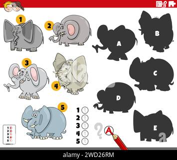Cartoon illustration of finding the right shadows to the pictures educational activity with elephants animal characters Stock Vector