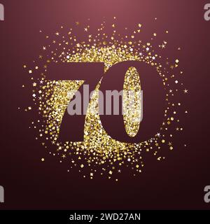 Happy 70th anniversary luxurious congrats. Shiny pattern and stylish number 70. Round golden backdrop and isolated 7 0 with clipping mask. Purple bg Stock Vector
