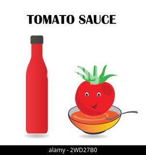 Tomato sauce in a bottle and in a bowl with a funny tomato character and text Stock Vector