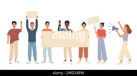 Diverse group of people protesting on the street. Male and female mix race multiethnic protesters holding blank placard banner, raised hand fist up an Stock Vector