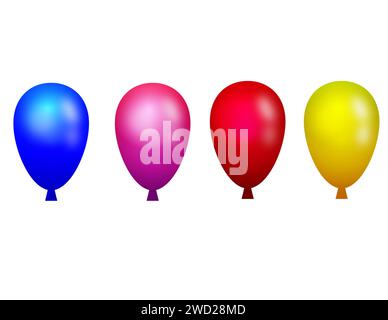 Four balloons in blue, pink, red, and yellow on a white background. Graphics for carnival, birthdays, and New Year's Eve. Stock Photo