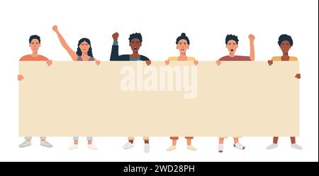 A group of people mix race multicultural holding big banner and protesting. Protesters with blank placard for text announcement or ad. Vector flat ill Stock Vector