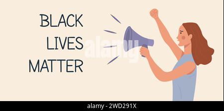 Banner with caucasian woman protesting and holding megaphone, other hand fist raised up. Manifestation against violence, climate, environment, feminis Stock Vector