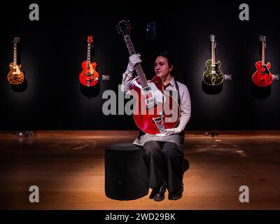 London, UK. 18th Jan, 2024. A preview of The Mark Knopfler Collection at Christies in London. With more than 120 guitars and amps, the collection spans his 50-year career. The sale takes place on 31 January. Credit: Guy Bell/Alamy Live News Stock Photo