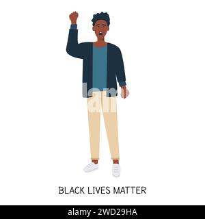 African American protester, hand fist raised up into air. Black man protesting, fighting for human rights rebel manifestation. Black lives matter. Fla Stock Vector