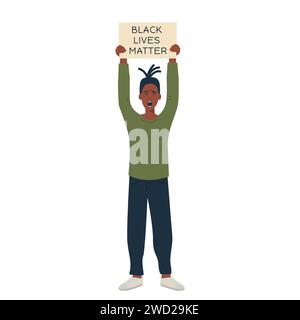 African American protester, hands holding placard poster. Black man protesting, fighting for human rights rebel manifestation. Flat vector illustratio Stock Vector