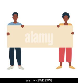 Unhappy american black people protest and hold blank banner for text or ad. African people manifestation. strike. Flat vector isolated on white backgr Stock Vector