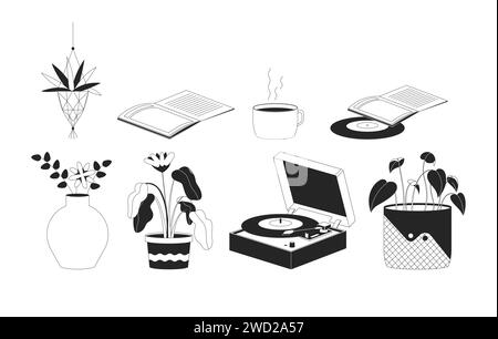 Hippie boho interior decor black and white 2D line cartoon objects set Stock Vector