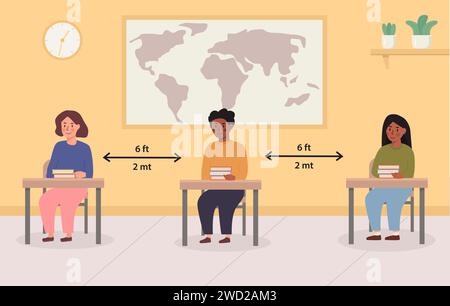 Social distancing at school concept illustration. Mix race kids sitting in the classroom. Children maintaing safe distance inside the lecture room. Ba Stock Vector