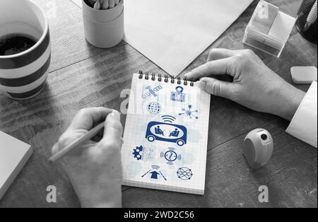 Self-driving car concept drawn on a notepad Stock Photo