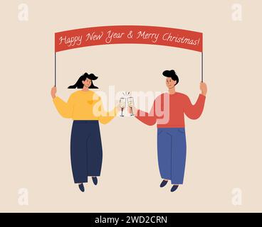 Lovers having a champagne and clink glasses. A couple celebrate Christmas together. Happy men and women on New Year party holding banner with capture. Stock Vector