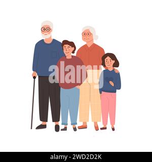 Grandfather, grandmother standing with grandchildrens. Embracing granddad, grandma and grandson, granddaughter. Loving family. Illustration in flat ca Stock Vector