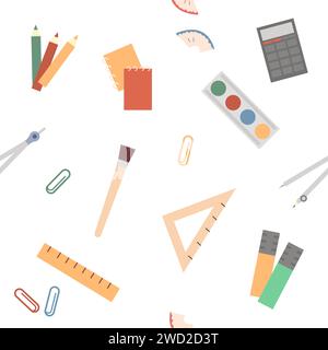 Colorful seamless pattern with scattered school supplies or stationery for education on white background. Vector illustration in flat style for wallpa Stock Vector