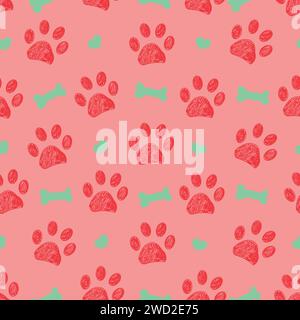 Red paw prints and bones. Fabric design Valentine's Day pattern Stock Vector