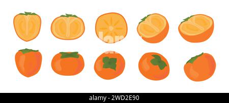 Set of persimmon fruit. Half cutted and whole piece. Kaki or date plum. Vector cartoon illustration for Korean Chuseok holiday in flat style. Autumn h Stock Vector