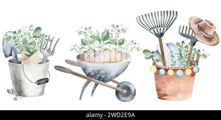 Gardening tools and equipment. Watercolor elements of vintage watering ...