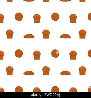 Seamless pattern with different types of pastries and delicious baked products on white background. Homemade pastry. Chocolate cookies and choc cupcak Stock Vector