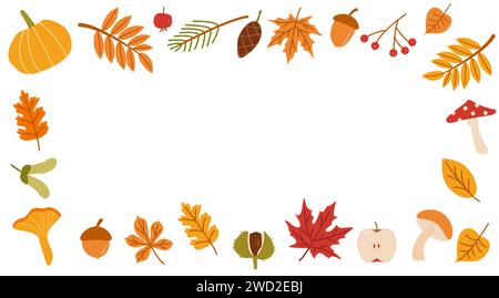 Autumn forest flora flat vector illustration. Decorative fall themed background botanical concept. Seasonal nature banner design. Tree leaves, branche Stock Vector