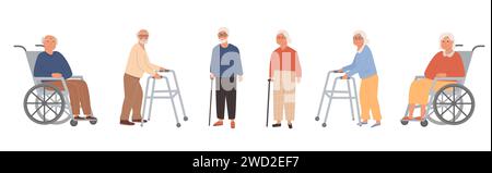 Set of elderly disabled people at nursing home. Old grandparents on retirement. Modern male and female pensioners on wheelchair, paddle walker and cra Stock Vector