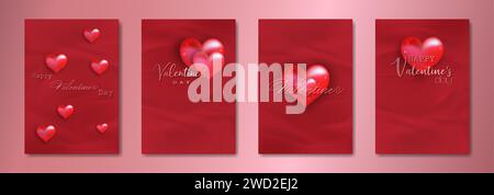 Happy Valentines day set card. Red glass hearts on fabric effect paper background. Holiday poster with gold rose text, jewels. Concept for Valentines Stock Vector