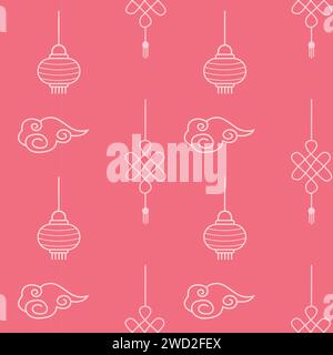 Asian seamless patterns. Bright cawai pink background with elements. China traditional ornament with chinese paper lanterns and know of happiness. Wra Stock Vector