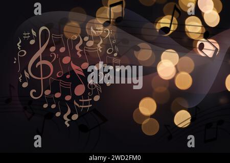 Heart of music notes on dark background, bokeh effect Stock Photo