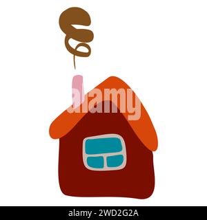 Small Colorful crooked house in Flat style with Smoke from Chimney, Roof and Window. Cartoon Children drawing Vector illustration Isolated white backg Stock Vector