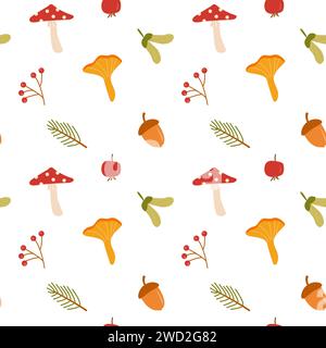 Fall flat vector seamless pattern. Autumn decorative background. Forest leaves and mushrooms texture. Fall season foliage and berries wrapping paper, Stock Vector