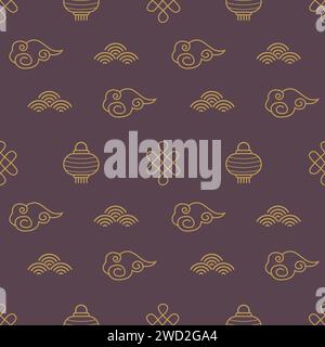 Chinese seamless patterns. Dark asian background with golden elements. China traditional ornament with clouds, paper lanterns. Celebration wrapping te Stock Vector