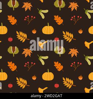 Autumn forest leaves, mushrooms, pumpkin and berries vector seamless pattern. Fall season foliage with acorns wallpaper design. Red ashberry, dog rose Stock Vector