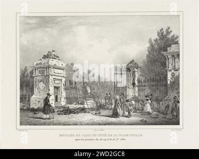 Destroyed entrance gate of the park, 1830, Gustave Adolphe Simonau, After Jean Baptiste Madou, 1830 - 1831 print The destroyed entrance gate of the Warandepark in Brussels, after the fighting 23-26 September 1830. Part of a series of six records of the fighting in Brussels in September. Brussels paper  street-fights, riots. devastated, ruined place or city ( warfare) Brussels. Wara -park Stock Photo