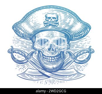 Skull over crossed sabers. Jolly Roger, pirate symbol. Corsair vector illustration Stock Vector