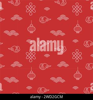 Chinese red seamless pattern for new lunar year or mid autumn festival. Paper lanterns, clouds and waves outlined in flat style. Asian festive icons o Stock Vector