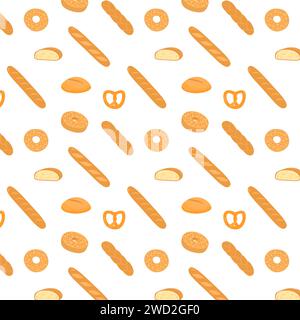 Elegant seamless pattern with different types of bread and delicious baked products on white background. Backdrop with homemade pastry. Vector illustr Stock Vector