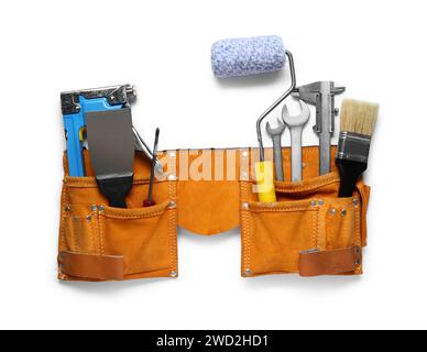 Belt with different construction tools on white background Stock Photo