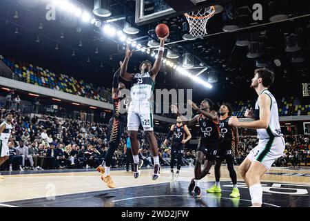 Joventut Badalona defeat London Lions in a tightly fought Eurocup game at the copper box arena, London on 17 January, 2024. Badalona's Tyler Calvin Cook jumps to the basket. copyright caroljmoir Stock Photo